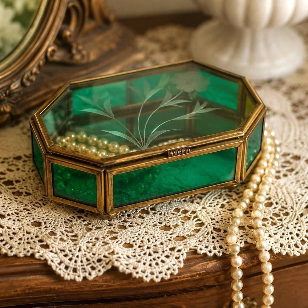 Vintage Emerald Green Glass Jewelry Trinket Box Etched Floral Brass Via Vermont